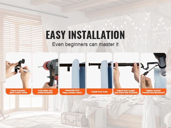 easy installation steps for VEVOR curtain rods: place brackets, drill holes, assemble rod, adjust length.