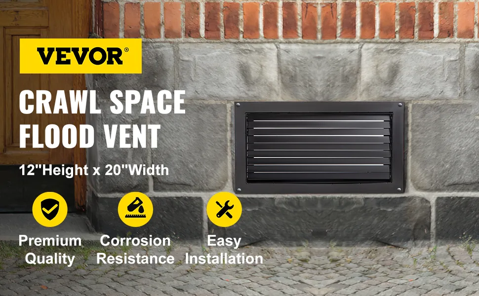 VEVOR crawl space flood vent mounted on a brick and stone wall.