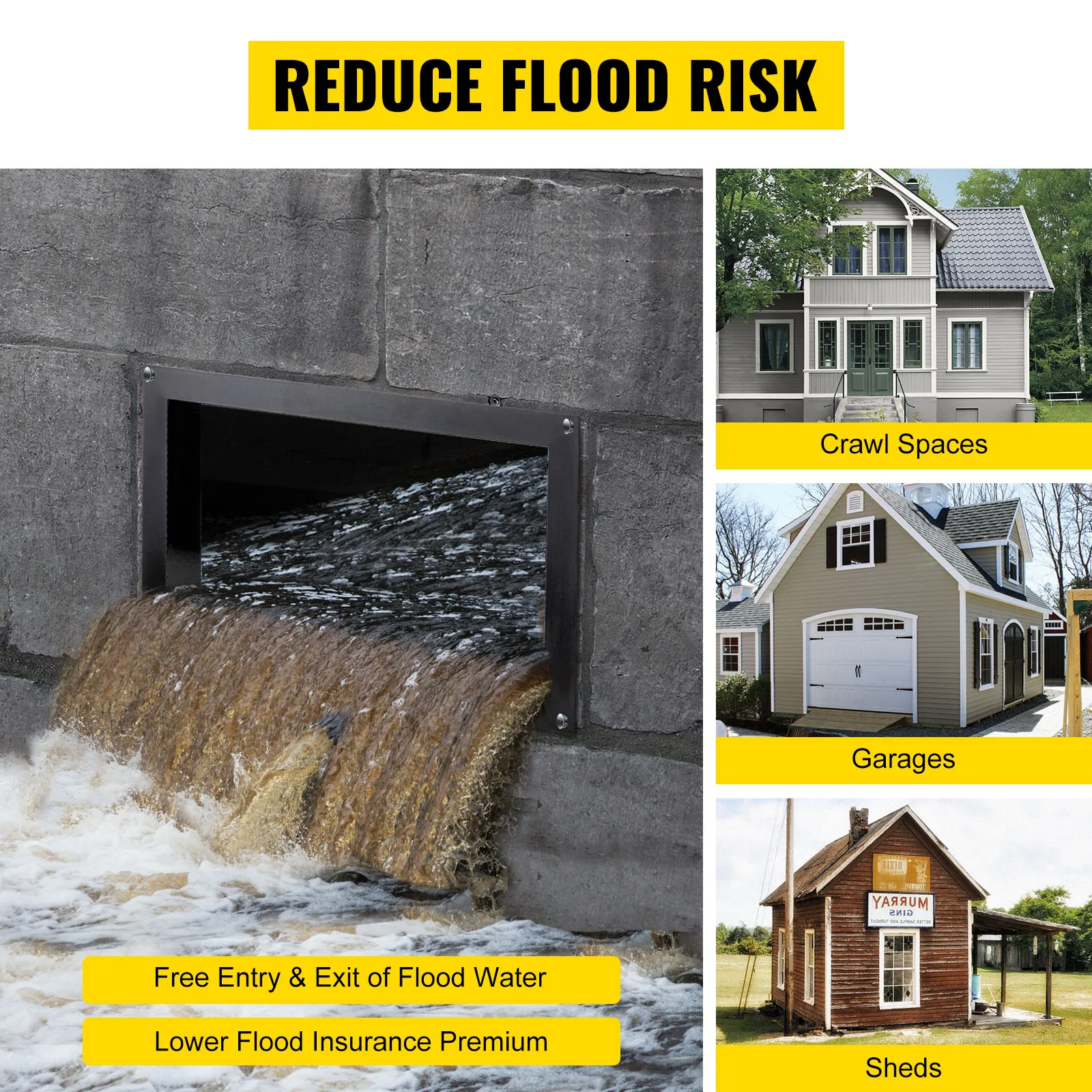 VEVOR crawl space flood vent reduces flood risk in crawl spaces, garages, and sheds.