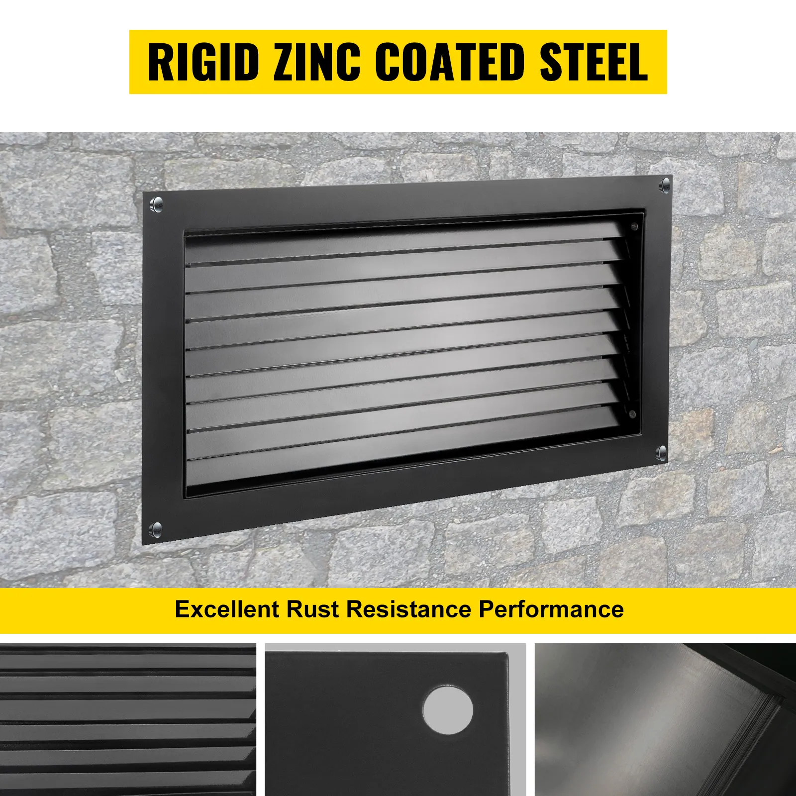 VEVOR crawl space flood vent in rigid zinc-coated steel with rust resistance.