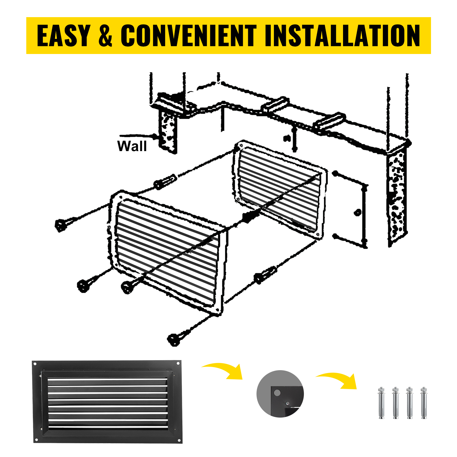easy installation diagram for VEVOR flood vent with mounting parts.