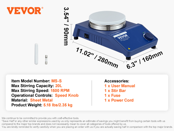 VEVOR magnetic stirrer ms-s with 20l capacity, 1500 rpm, speed knob, and sheet metal build.