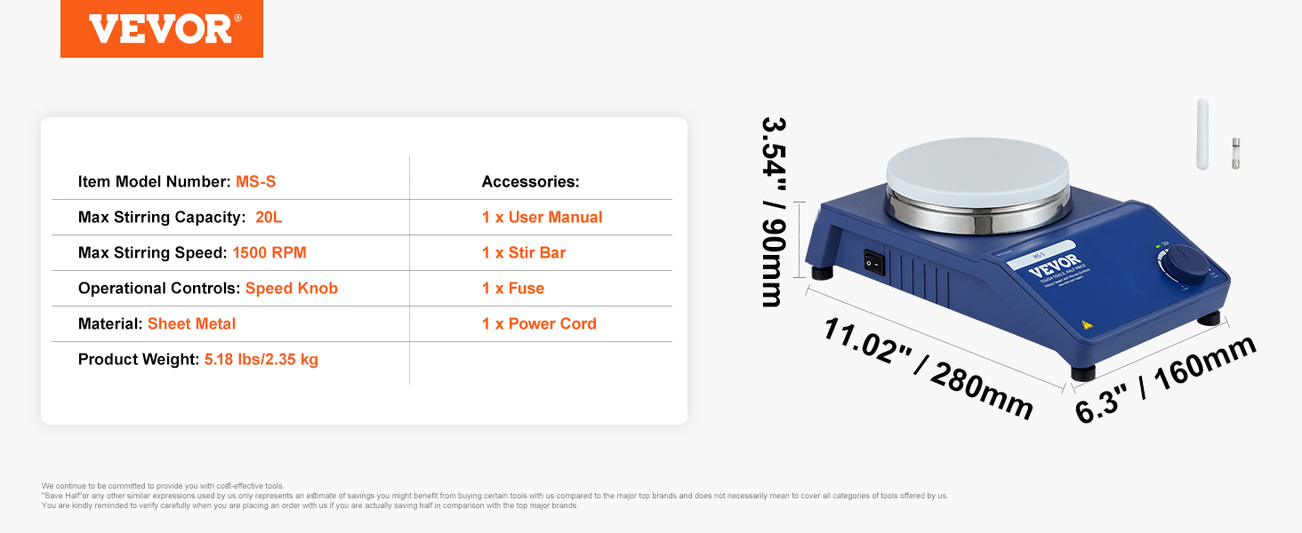 VEVOR magnetic stirrer ms-s with 20l capacity, 1500 rpm, speed knob, and sheet metal build.