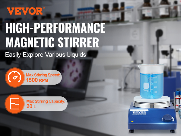 laboratory with VEVOR magnetic stirrer, beaker with blue liquid, and scientific equipment.