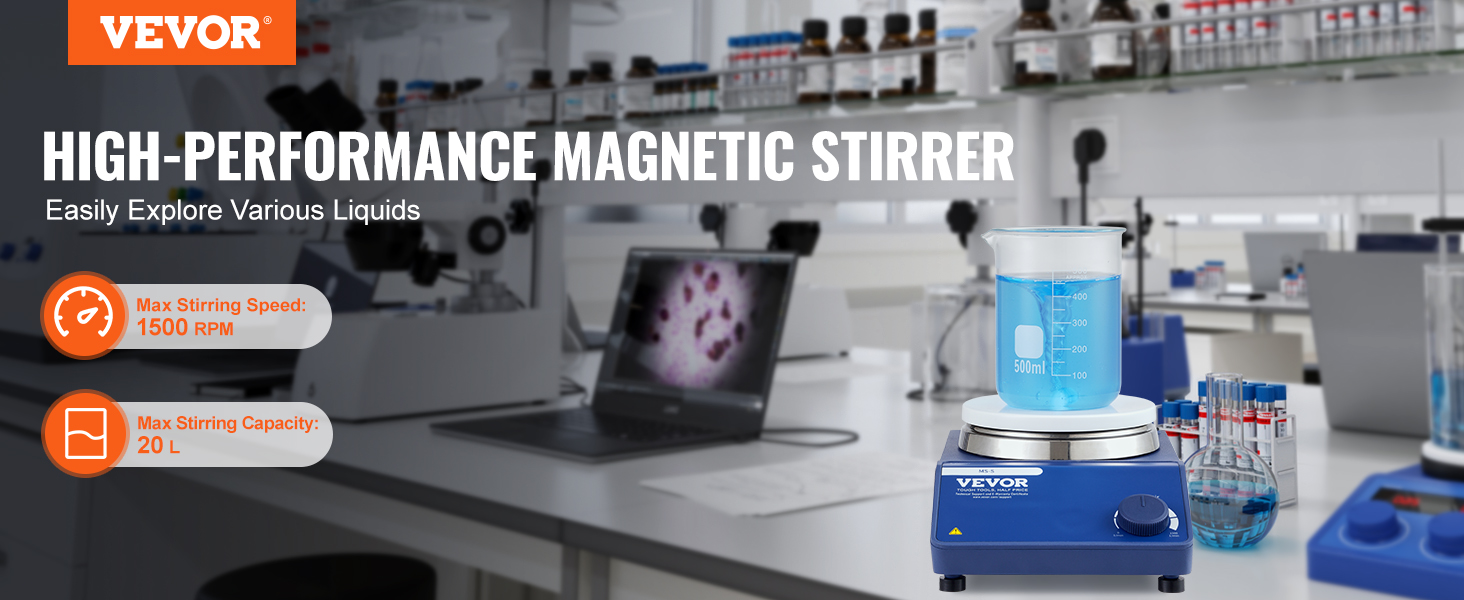 laboratory with VEVOR magnetic stirrer, beaker with blue liquid, and scientific equipment.