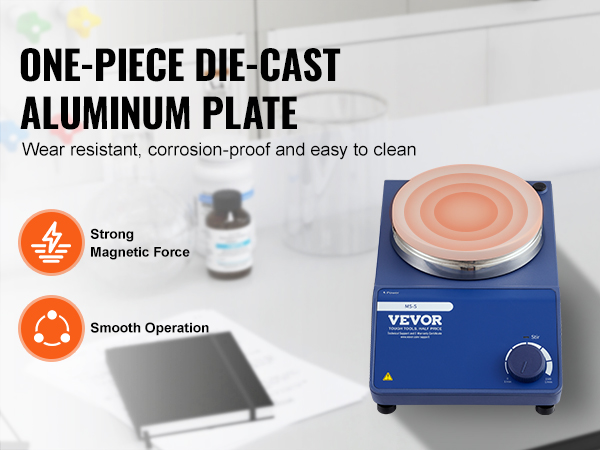 VEVOR magnetic stirrer with die-cast aluminum plate, strong magnetic force, and smooth operation.