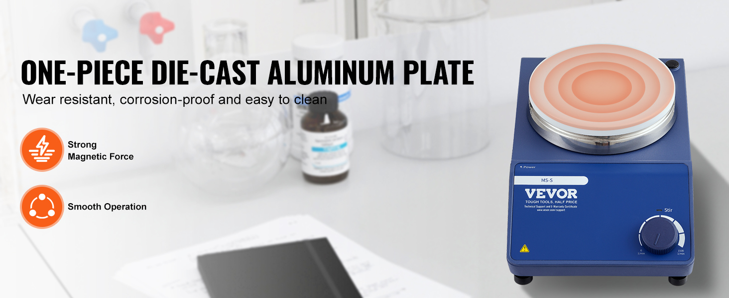 VEVOR magnetic stirrer with die-cast aluminum plate, strong magnetic force, and smooth operation.