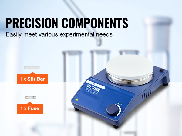 VEVOR magnetic stirrer with precision control, stir bar, fuse, and test tubes in the background.