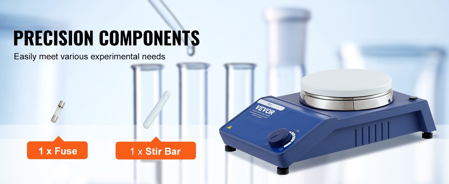 VEVOR magnetic stirrer with precision control, stir bar, fuse, and test tubes in the background.