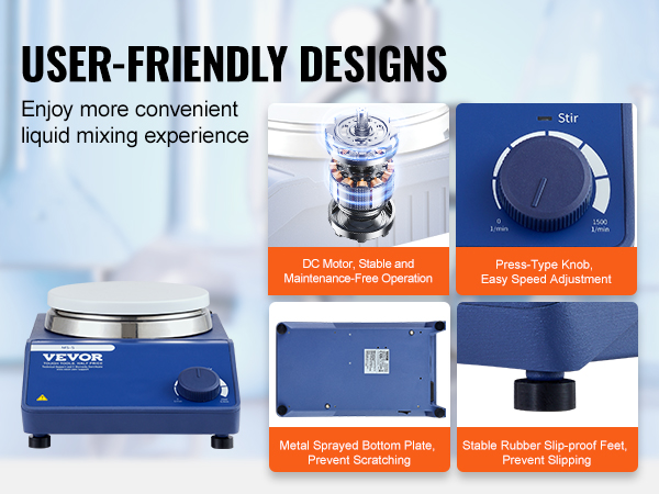 VEVOR magnetic stirrer with dc motor, press-type speed knob, stable base, and slip-proof feet.