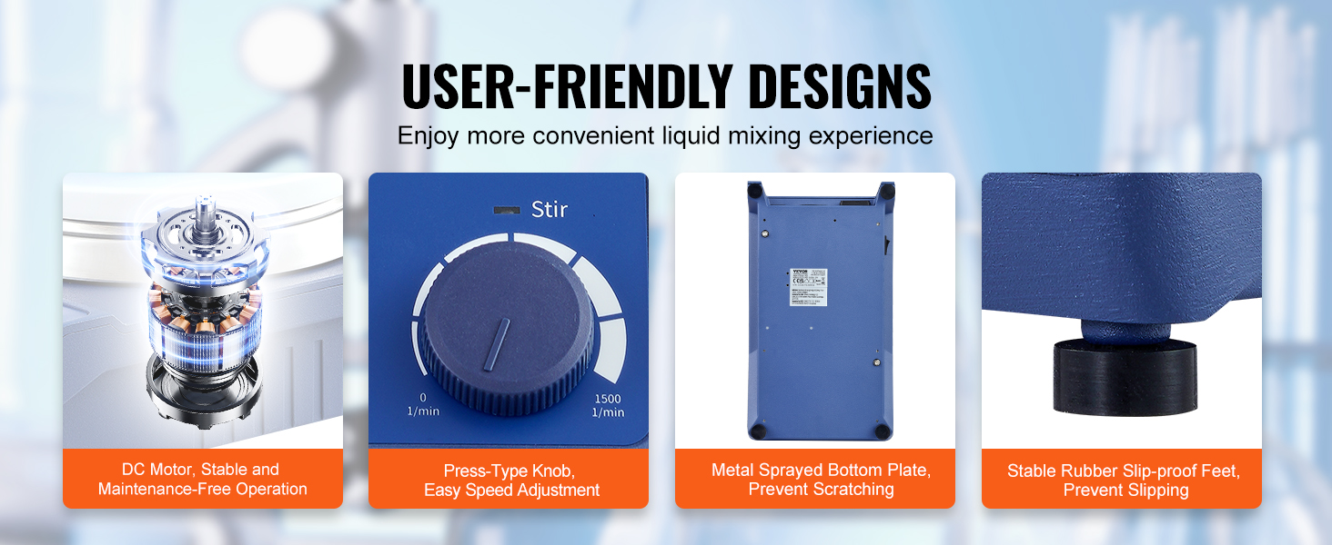 VEVOR magnetic stirrer with dc motor, press-type speed knob, stable base, and slip-proof feet.