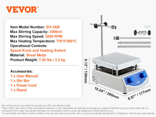 VEVOR magnetic stirrer hot plate with 3000ml capacity, 2000 rpm speed, 716°f heating, and accessory kit.