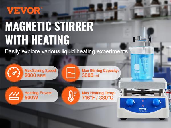 VEVOR magnetic stirrer hot plate with 2000 rpm speed, 3000 ml capacity, 500w power, and 380°c max temp.