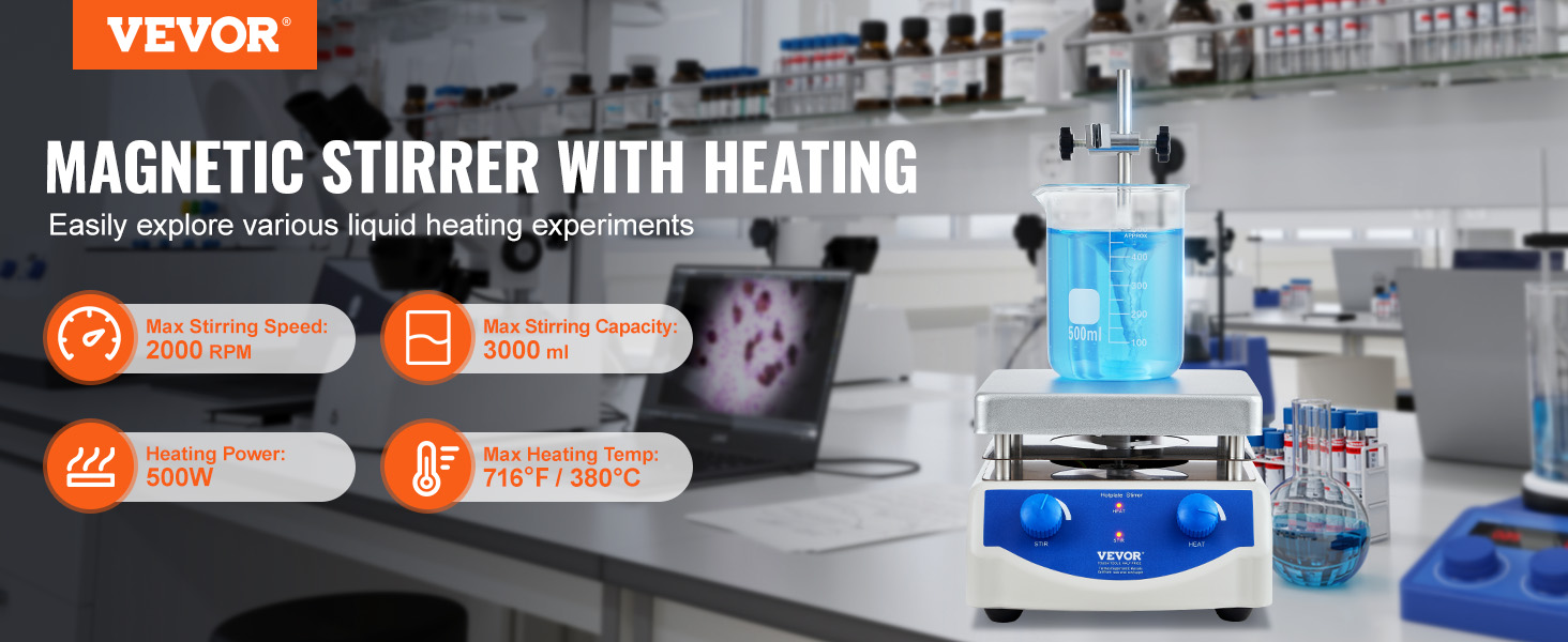 VEVOR magnetic stirrer hot plate with 2000 rpm speed, 3000 ml capacity, 500w power, and 380°c max temp.