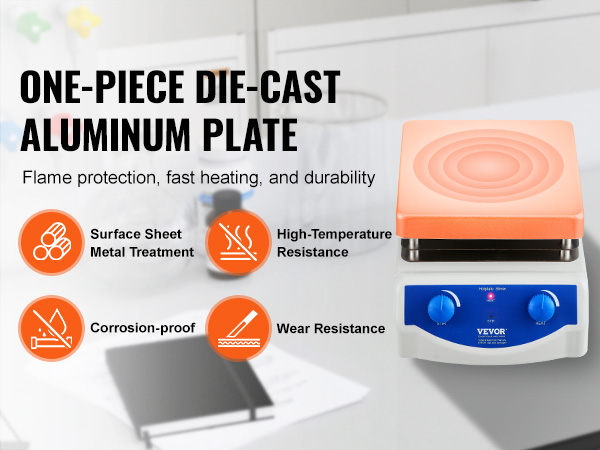 VEVOR magnetic stirrer hot plate with die-cast aluminum, corrosion-proof, high-temp resistance, wear resistance.