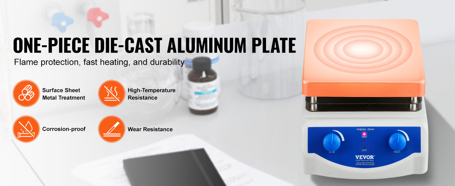 VEVOR magnetic stirrer hot plate with die-cast aluminum, corrosion-proof, high-temp resistance, wear resistance.