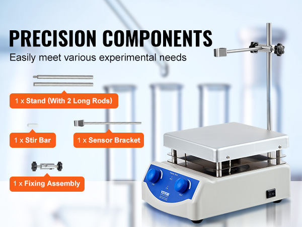 VEVOR magnetic stirrer hot plate with stir bar, fixing assembly, stand, and sensor bracket for experiments.