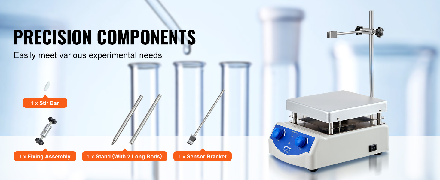 VEVOR magnetic stirrer hot plate with stir bar, fixing assembly, stand, and sensor bracket for experiments.