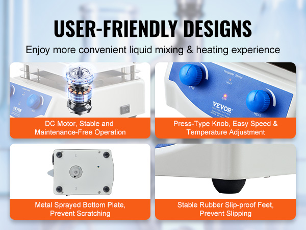 VEVOR magnetic stirrer hot plate - user-friendly designs, stable dc motor, easy adjustments, slip-proof feet.
