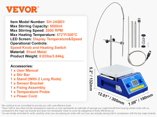 VEVOR magnetic stirrer hot plate sh-3abeii, 5000ml capacity, 572°f max temperature, 2000 rpm speed.