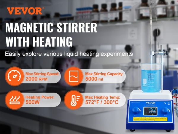 VEVOR magnetic stirrer hot plate in a lab with beaker and digital display, max heating temp 300°c.