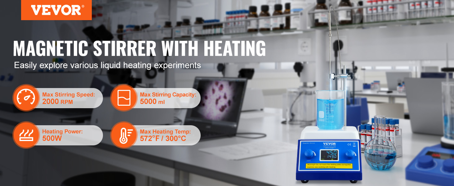 VEVOR magnetic stirrer hot plate in a lab with beaker and digital display, max heating temp 300°c.
