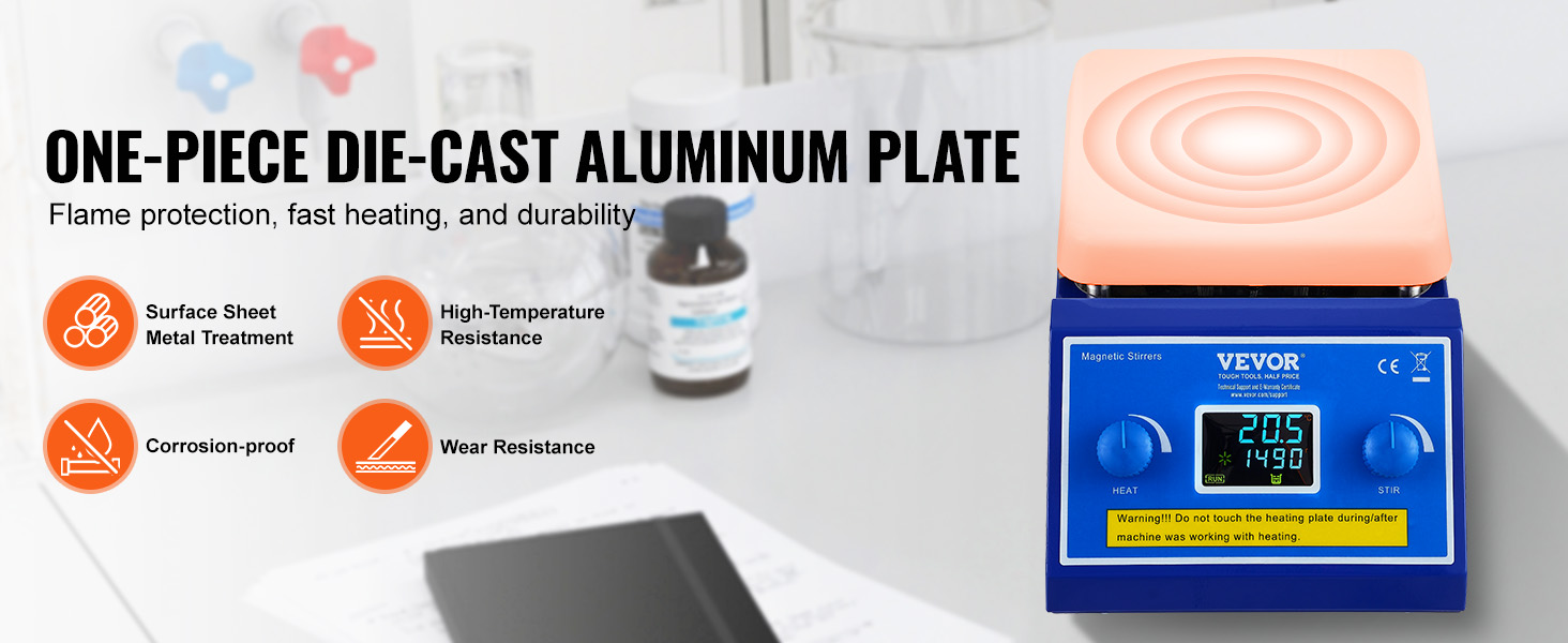 VEVOR magnetic stirrer hot plate with die-cast aluminum plate, fast heating, flame and wear resistance.