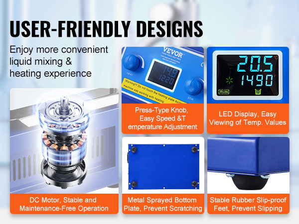 VEVOR magnetic stirrer hot plate features dc motor, led display, slip-proof feet, and durable metal plate.