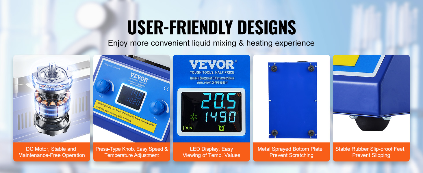 VEVOR magnetic stirrer hot plate features dc motor, led display, slip-proof feet, and durable metal plate.