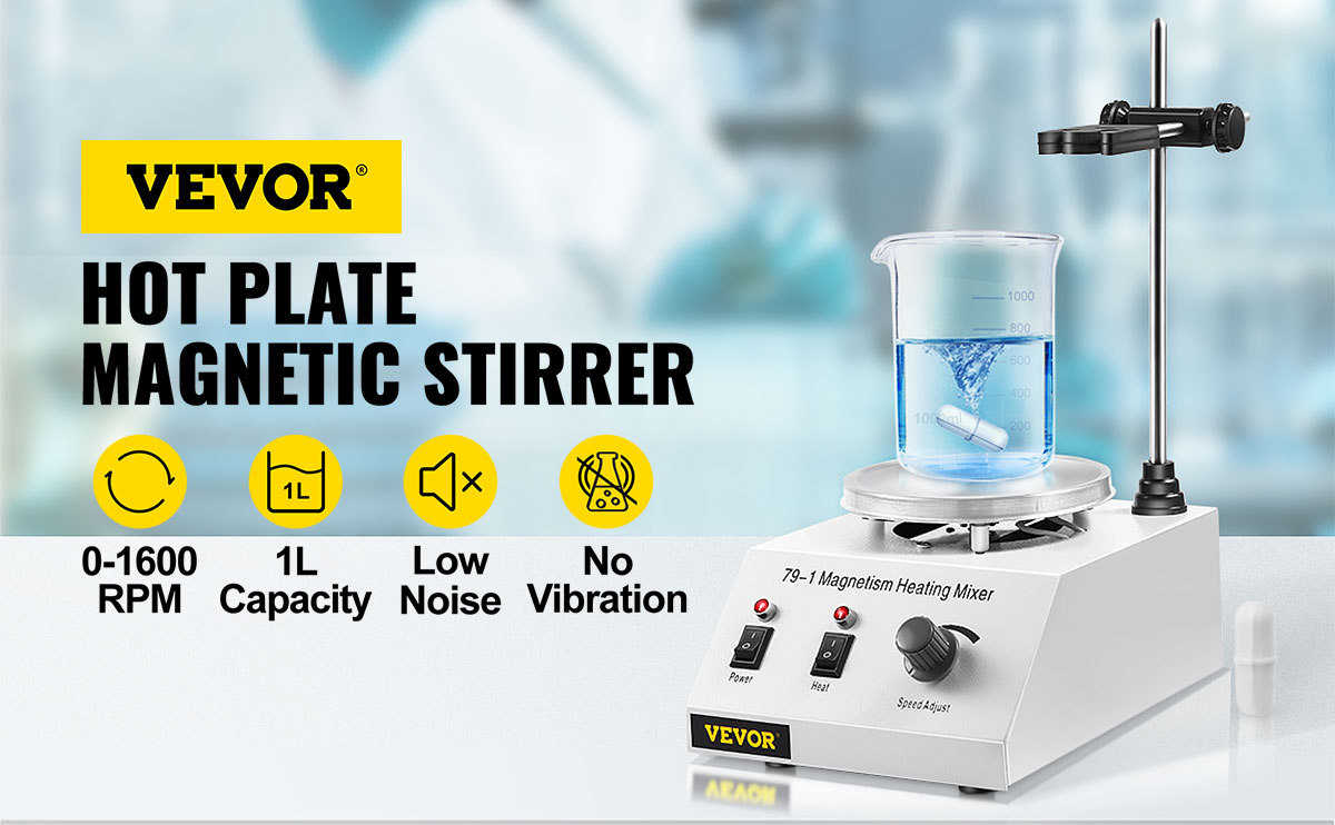 VEVOR magnetic stirrer hot plate, 0-1600 rpm, 1l capacity, low noise, no vibration