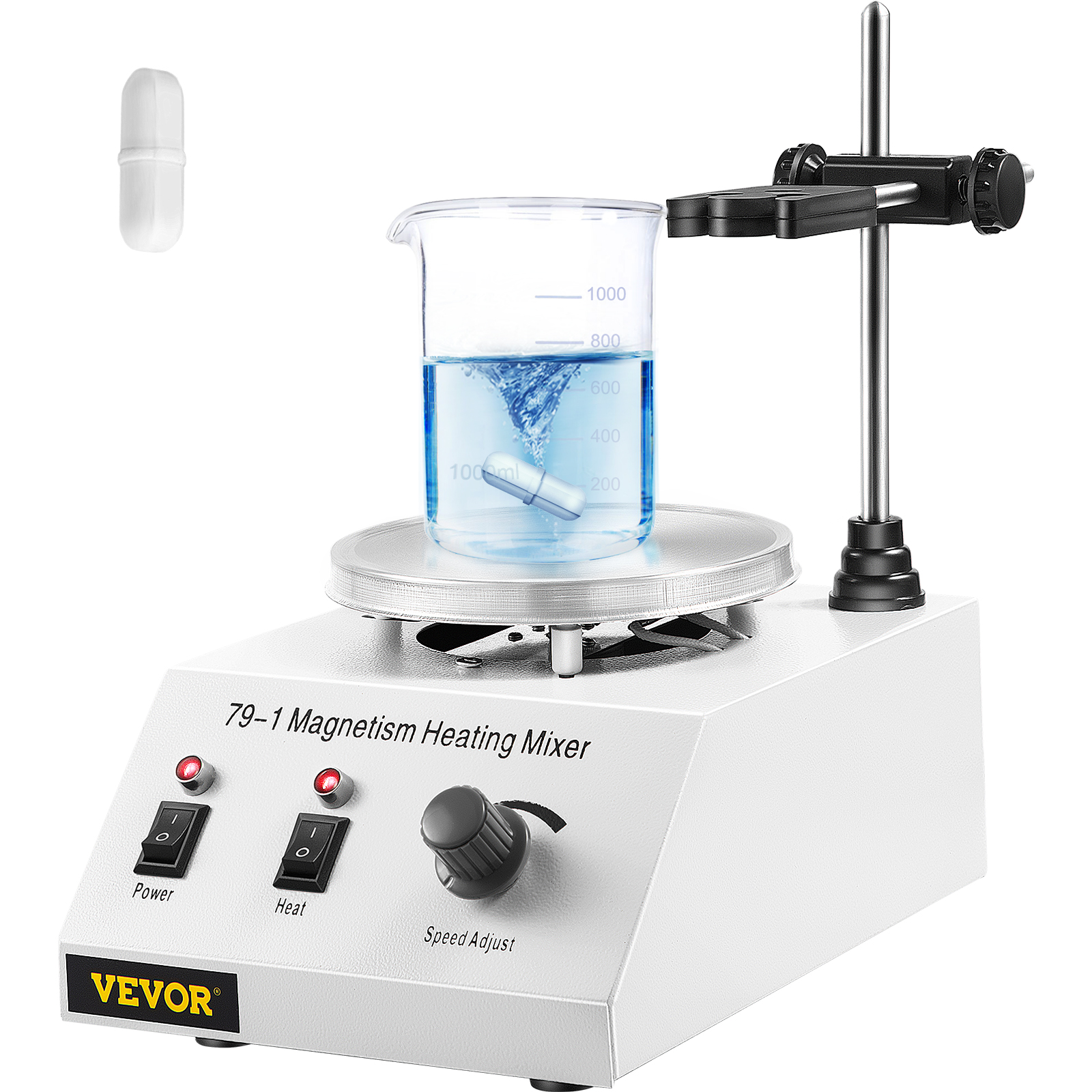 VEVOR magnetic stirrer hot plate with beaker mixing liquid and controls visible.