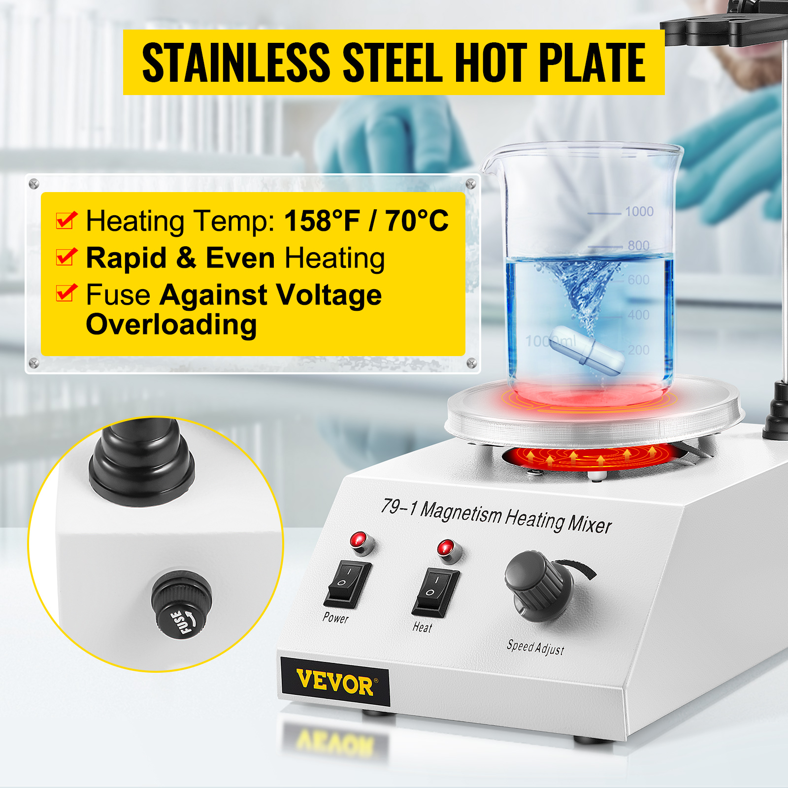 VEVOR magnetic stirrer hot plate with stainless steel surface and heating beaker.
