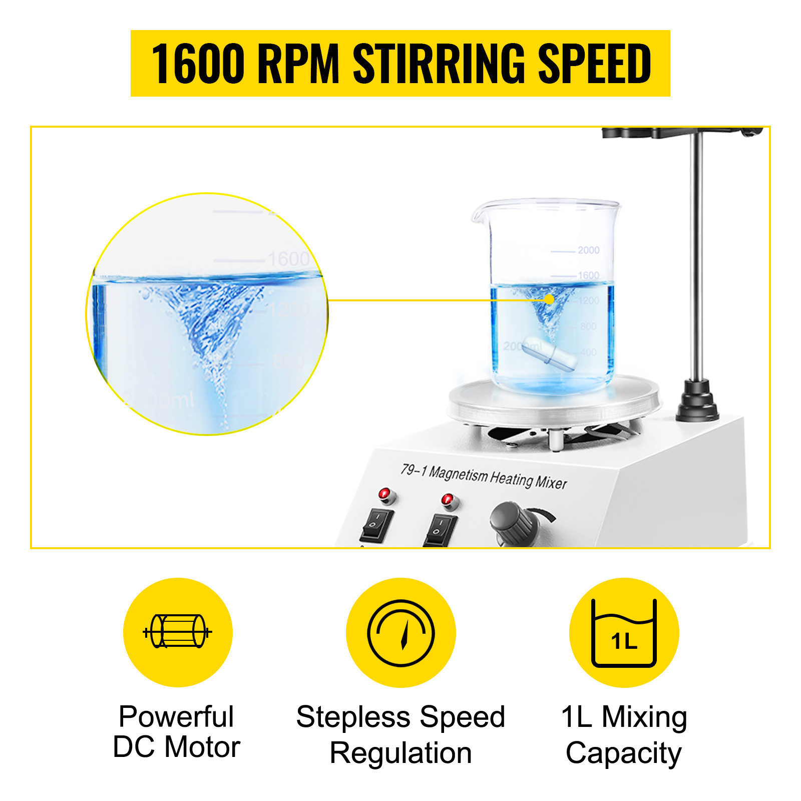 VEVOR magnetic stirrer hot plate with 1600 rpm, 1l mixing capacity, and speed control.
