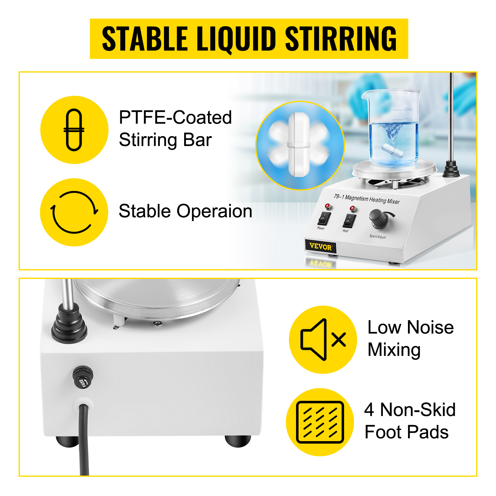 VEVOR magnetic stirrer hot plate with ptfe stirring bar and stable operation features.