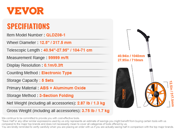 VEVOR measuring wheel with specifications, 12.5" orange wheel, telescopic handle, and carrying bag.