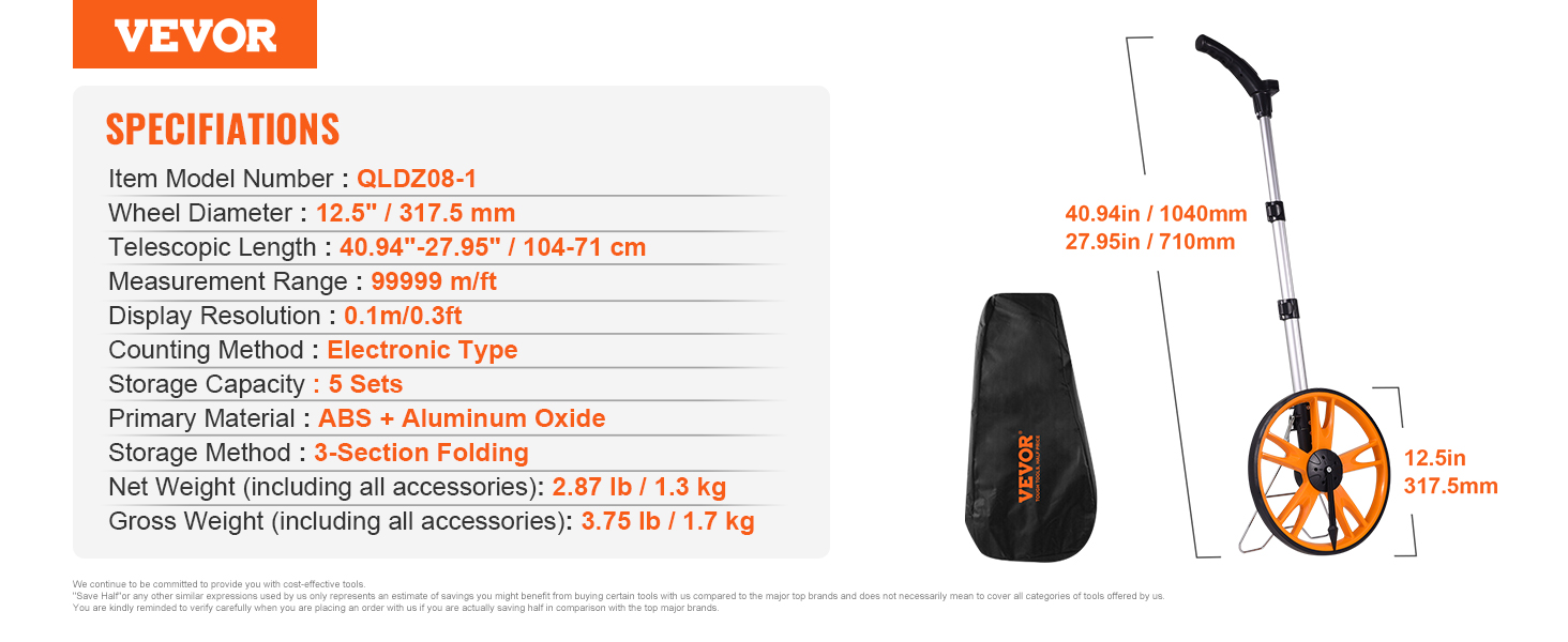 VEVOR measuring wheel with specifications, 12.5" orange wheel, telescopic handle, and carrying bag.