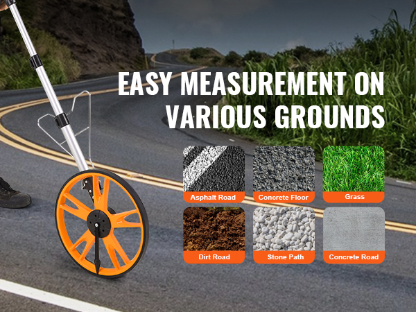 VEVOR measuring wheel for accurate measurements on dirt, stone, concrete, asphalt, and grass surfaces.
