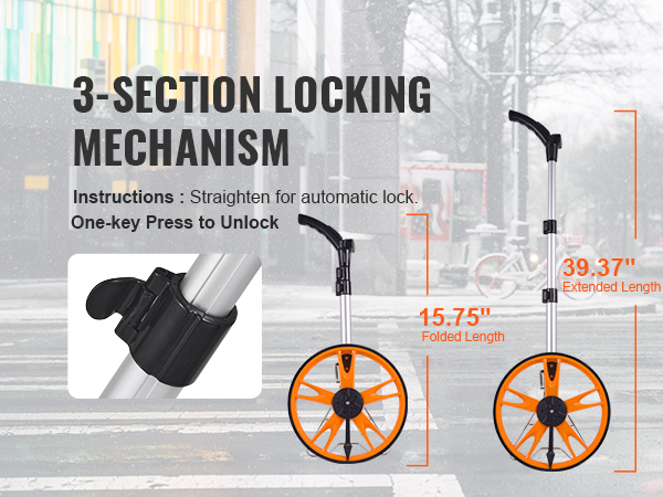 3-section locking mechanism, VEVOR measuring wheel; 15.75" folded length, 39.37" extended length.