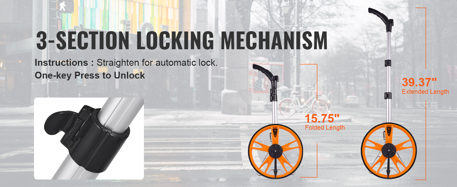 3-section locking mechanism, VEVOR measuring wheel; 15.75" folded length, 39.37" extended length.
