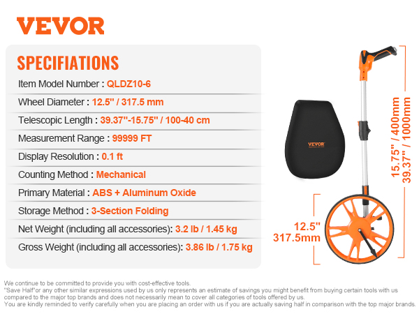 VEVOR measuring wheel features 12.5" diameter, 40-100 cm telescopic length, and a carrying case.