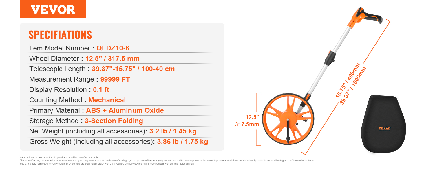 VEVOR measuring wheel features 12.5" diameter, 40-100 cm telescopic length, and a carrying case.