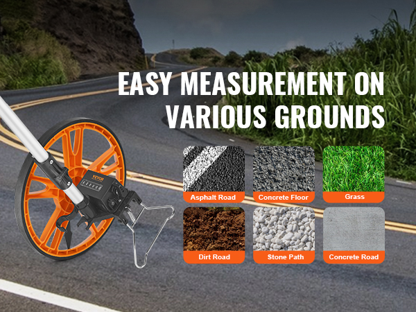 VEVOR measuring wheel showcasing easy measurement on dirt, stone, concrete, asphalt, and grass.