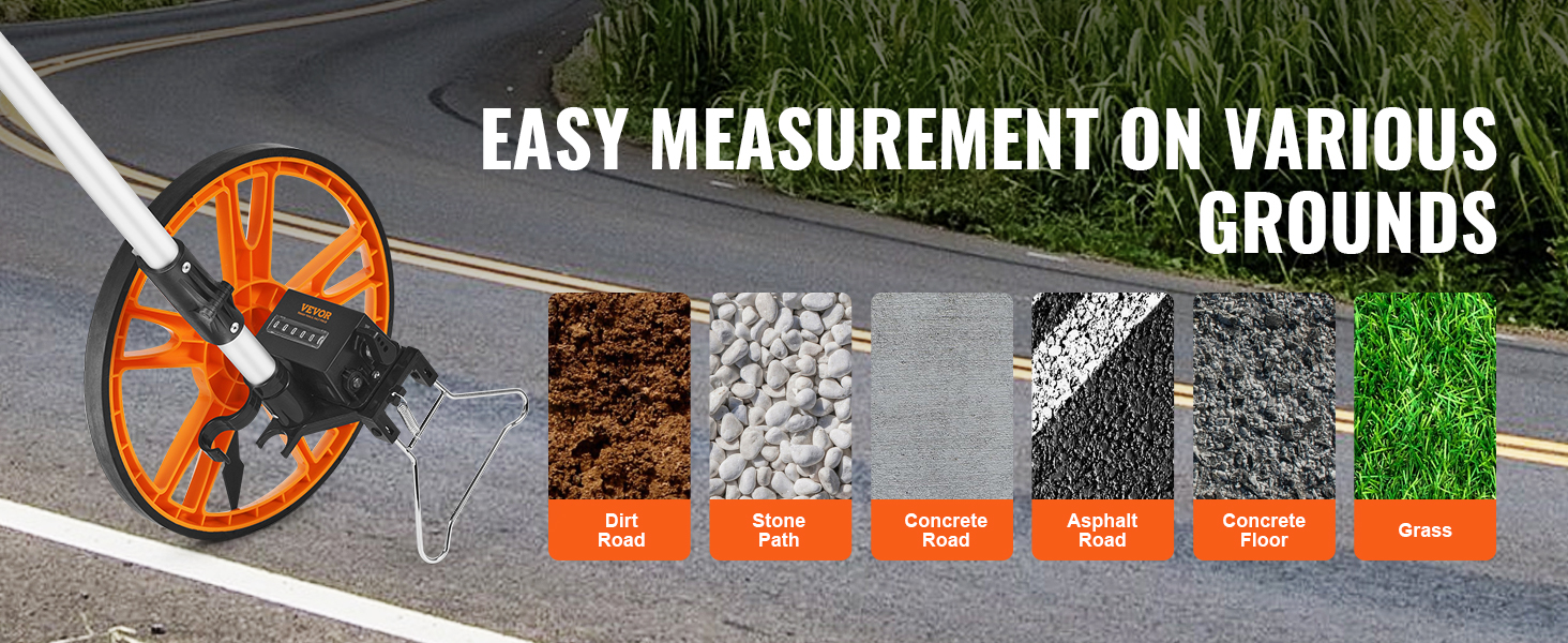 VEVOR measuring wheel showcasing easy measurement on dirt, stone, concrete, asphalt, and grass.