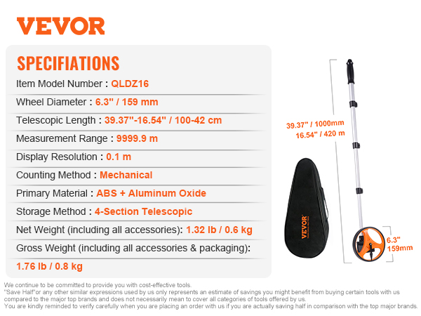 VEVOR measuring wheel with 6.3" diameter, telescopic length 39.37"-16.54", and mechanical counting.