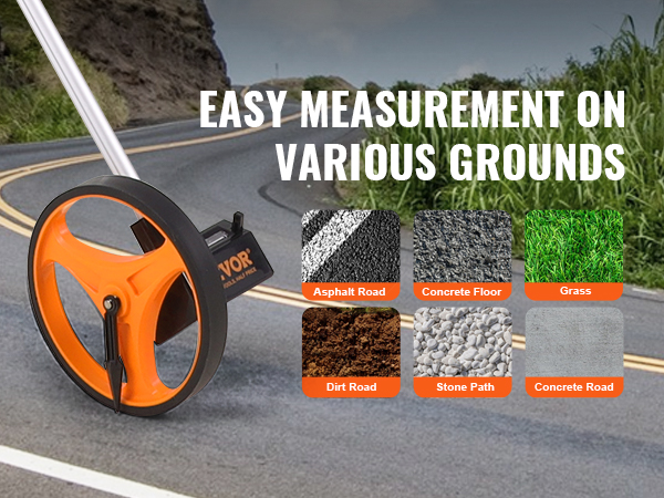 VEVOR measuring wheel demonstrating easy measurement on dirt, stone, concrete, asphalt, and grass.