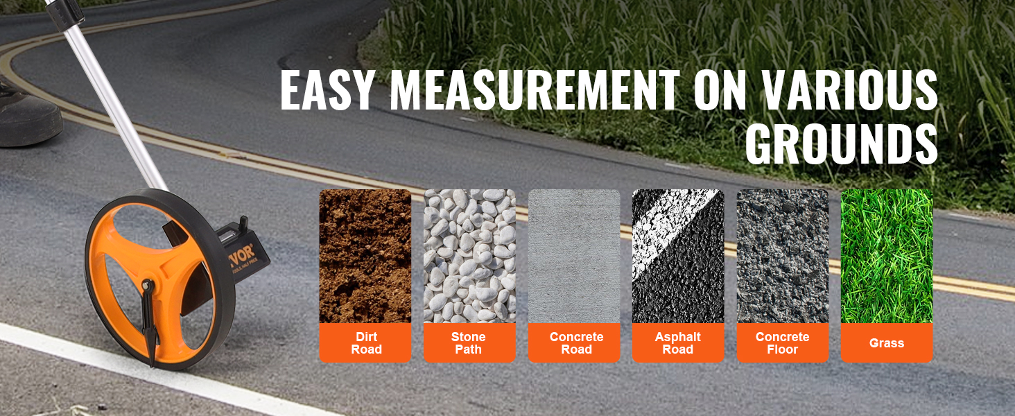 VEVOR measuring wheel demonstrating easy measurement on dirt, stone, concrete, asphalt, and grass.