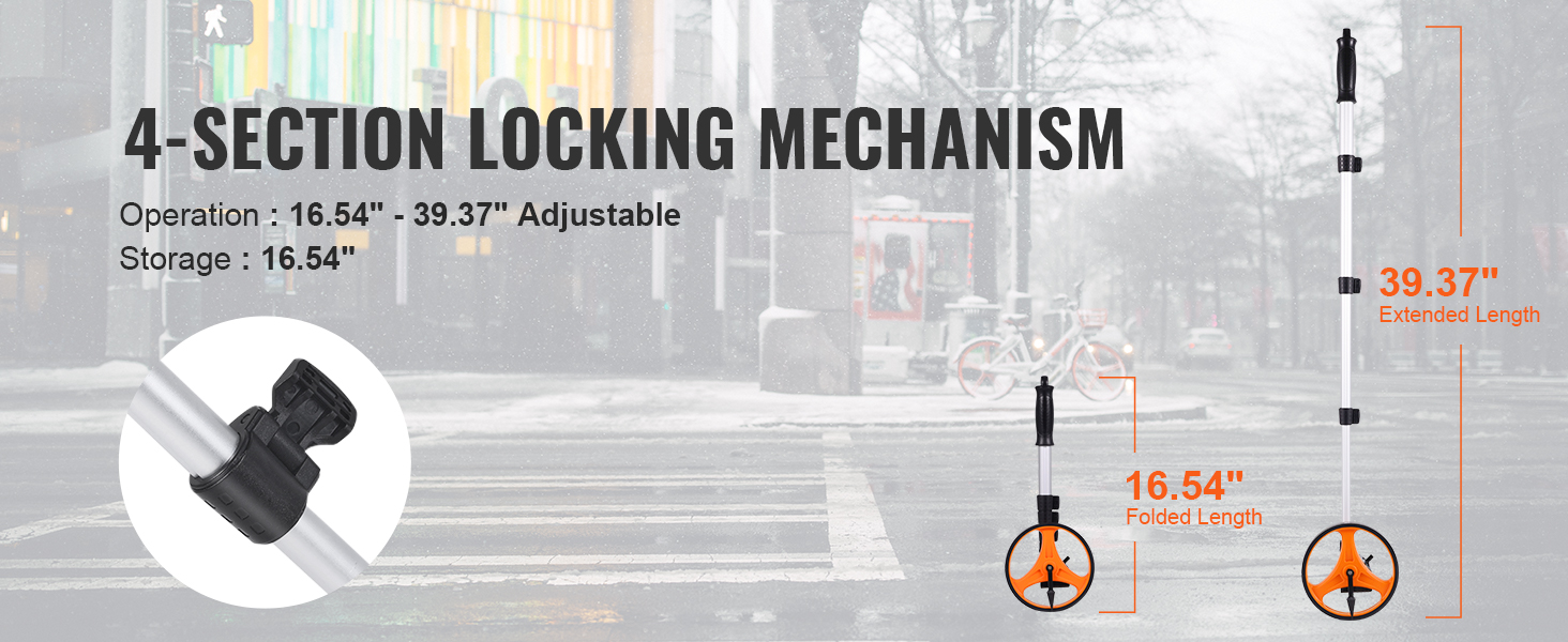4-section locking mechanism of VEVOR measuring wheel, adjustable from 16.54" to 39.37".