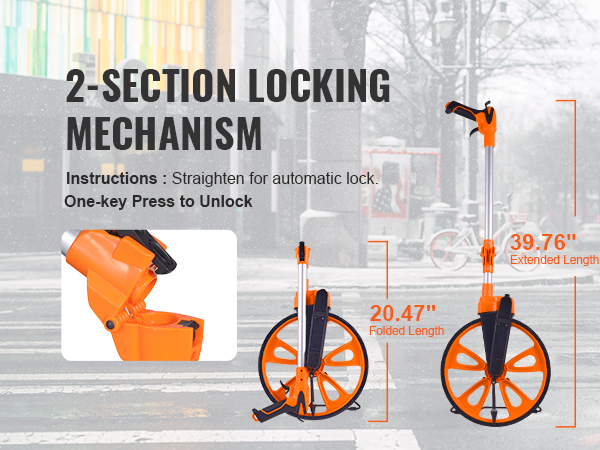 VEVOR measuring wheel with 2-section locking mechanism, 39.76" extended, 20.47" folded.