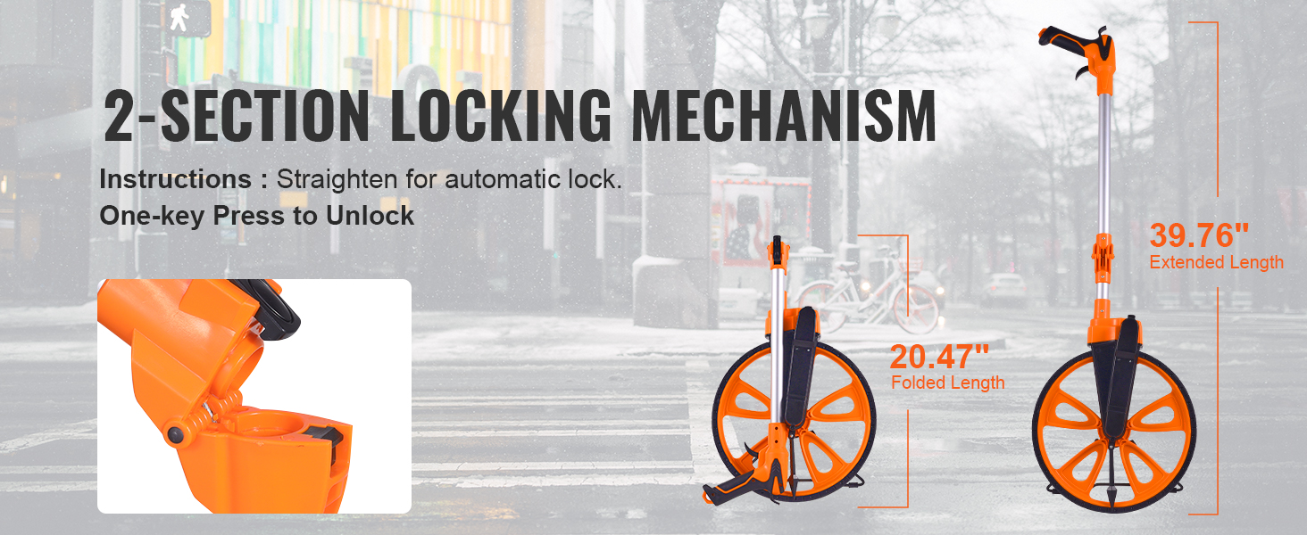 VEVOR measuring wheel with 2-section locking mechanism, 39.76" extended, 20.47" folded.