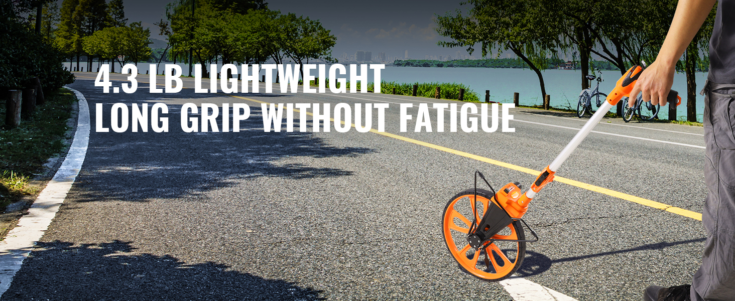 person using VEVOR measuring wheel on road, promoting 4.3 lb lightweight and long grip without fatigue.